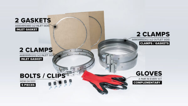 Efficiency Unleashed! Our Comprehensive Kit Includes: 2 x Detroit DD13/DD15 DPF Clamps, 2 x Detroit V-Band DPF Clamps, 2 x Detroit Diesel DPF Gaskets, 5 x M6x1.0 Multi-Thread U Nut Clips, 5 x M6 x 12 Flange Bolts