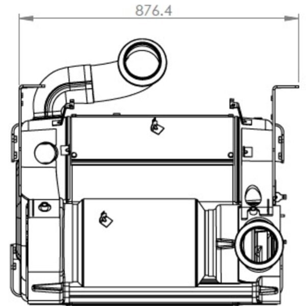 Technical drawing of Dinex OneBox Solution for Detroit Diesel DD13/DD15 with dimensions marked at 876.4mm.