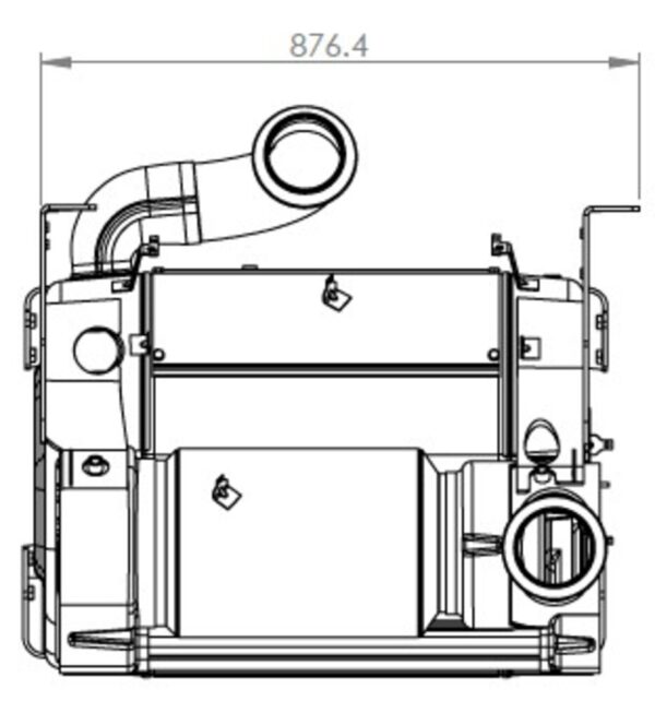 Technical drawing of Dinex OneBox Solution for Detroit Diesel DD13/DD15 with dimensions marked at 876.4mm.