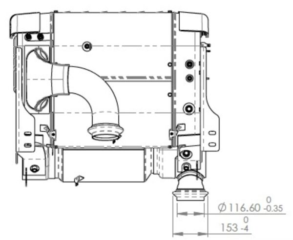 Top technical drawing of Dinex OneBox for Detroit Diesel DD13/DD15 showing detailed pipe and dimensional measurements.