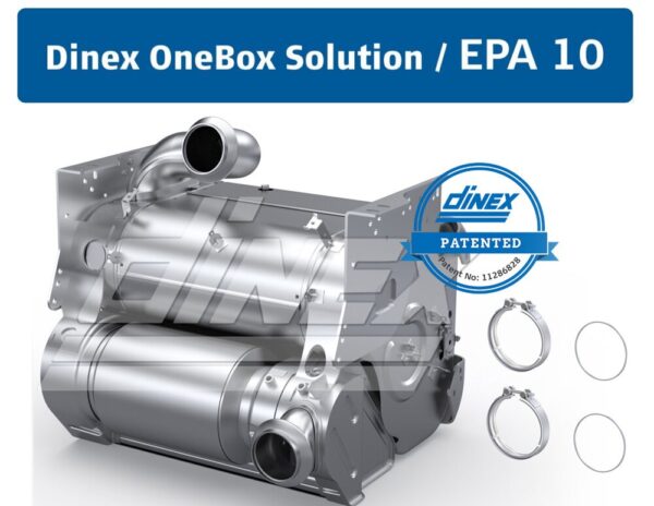 Dinex OneBox Solution for Detroit Diesel DD13/DD15, featuring patented design and EPA 10 compliance, with clamps and gaskets.