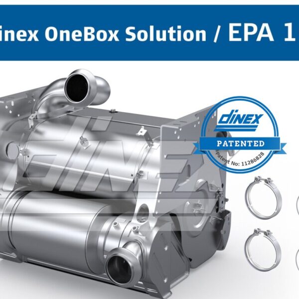 Dinex OneBox Solution for Detroit Diesel DD13/DD15, featuring patented design and EPA 10 compliance, with clamps and gaskets.