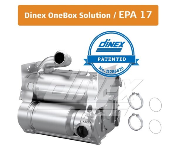 A detailed product image of the Dinex OneBox Solution for EPA 17 compliance. The system features a stainless steel exhaust aftertreatment unit, with visible piping and clamps, designed for emissions control in diesel engines. The image also includes the Dinex logo with a "Patented" badge, displaying patent number 11286828. Two additional clamps and gaskets are shown alongside the OneBox unit, indicating parts included with the product.