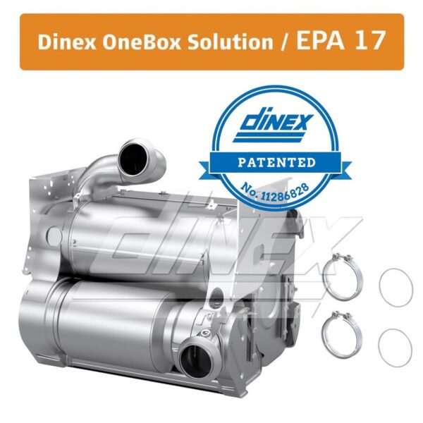 A detailed product image of the Dinex OneBox Solution for EPA 17 compliance. The system features a stainless steel exhaust aftertreatment unit, with visible piping and clamps, designed for emissions control in diesel engines. The image also includes the Dinex logo with a "Patented" badge, displaying patent number 11286828. Two additional clamps and gaskets are shown alongside the OneBox unit, indicating parts included with the product.