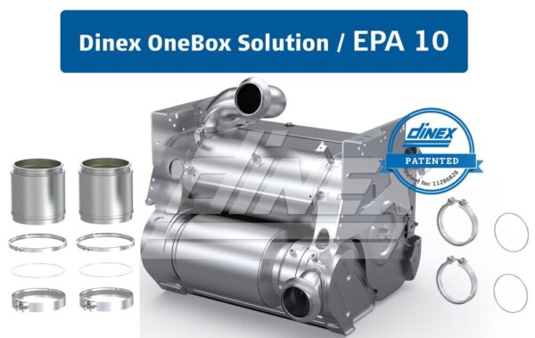 Image showcasing the Dinex OneBox Solution for EPA 10 emissions standards. The product includes a large cylindrical exhaust system with multiple components, such as Diesel Particulate Filters (DPFs), clamps, and gaskets. The Dinex logo is visible, along with a "Patented" label displaying patent number 11286828. This solution is designed for Detroit Diesel DD13 and DD15 engines and is engineered for enhanced emissions control and compliance.