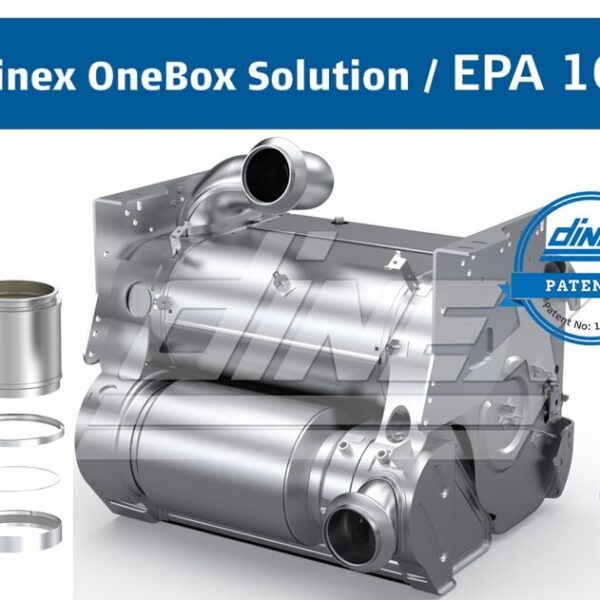 Image showcasing the Dinex OneBox Solution for EPA 10 emissions standards. The product includes a large cylindrical exhaust system with multiple components, such as Diesel Particulate Filters (DPFs), clamps, and gaskets. The Dinex logo is visible, along with a "Patented" label displaying patent number 11286828. This solution is designed for Detroit Diesel DD13 and DD15 engines and is engineered for enhanced emissions control and compliance.