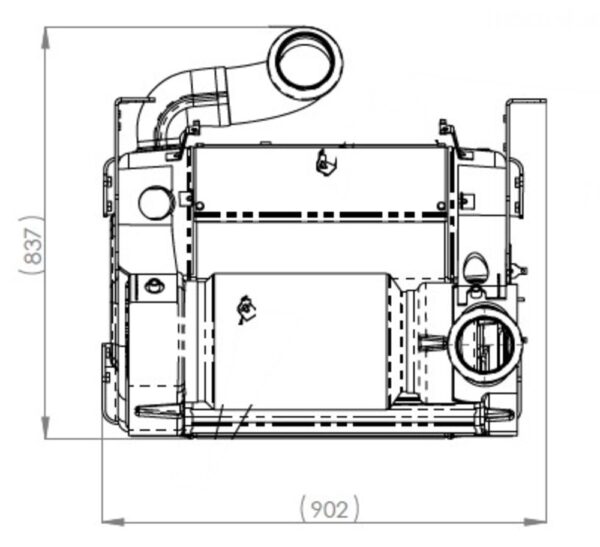 Technical drawing of the Dinex OneBox solution for emissions control, showing a front view of the exhaust system. The schematic includes measurements, with a width of 902mm and a height of 837mm, detailing the positioning of components such as exhaust pipes and mounting points. This illustration provides dimensional information for proper installation in compatible diesel engines, including DD13 and DD15 models.