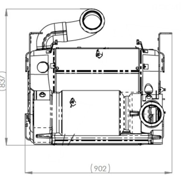 Technical drawing of the Dinex OneBox solution for emissions control, showing a front view of the exhaust system. The schematic includes measurements, with a width of 902mm and a height of 837mm, detailing the positioning of components such as exhaust pipes and mounting points. This illustration provides dimensional information for proper installation in compatible diesel engines, including DD13 and DD15 models.