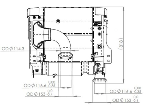 Technical drawing of the Dinex OneBox solution for emissions control, showcasing a top view of the system. The diagram includes detailed measurements for installation, including outer diameters (OD) of 114.3mm, 116.6mm, and 153mm for exhaust ports. The overall height is marked at 818mm. The image highlights the positioning of the exhaust outlet pipes and mounting sections, offering precise dimensional data for proper fitment in compatible diesel engine systems.