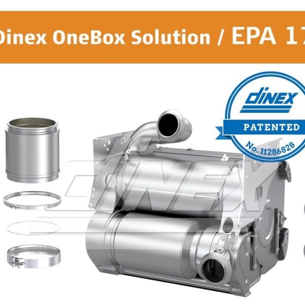 Image of a Dinex OneBox Solution for EPA 17 compliance, showing a patented exhaust system component. The OneBox unit is displayed with additional parts such as clamps, gaskets, and DPF's used for installation. The Dinex logo and patent number 11286828 are also visible in the image.