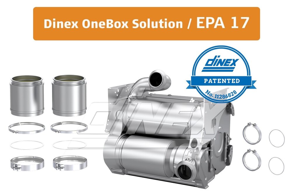 Image of a Dinex OneBox Solution for EPA 17 compliance, showing a patented exhaust system component. The OneBox unit is displayed with additional parts such as clamps, gaskets, and DPF's used for installation. The Dinex logo and patent number 11286828 are also visible in the image.