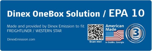 Dinex OneBox Solution EPA 10 label for Freightliner and Western Star with QR code, American flag, and 3-year warranty badge.